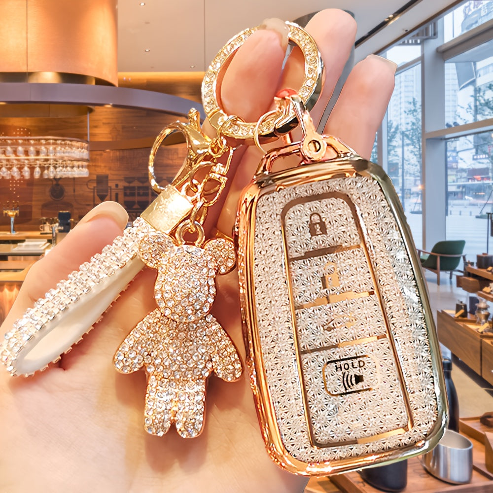 Sparkling Rhinestone Bear Key Fob Cover with Cartoon Bear Charm - Soft TPU Protector for Toyota RAV4, Camry, Corolla, Avalon, HR, Prius, GT86, Highlander (2018-2022) - Stylish & Durable Car Accessory Gift, Bear Decor